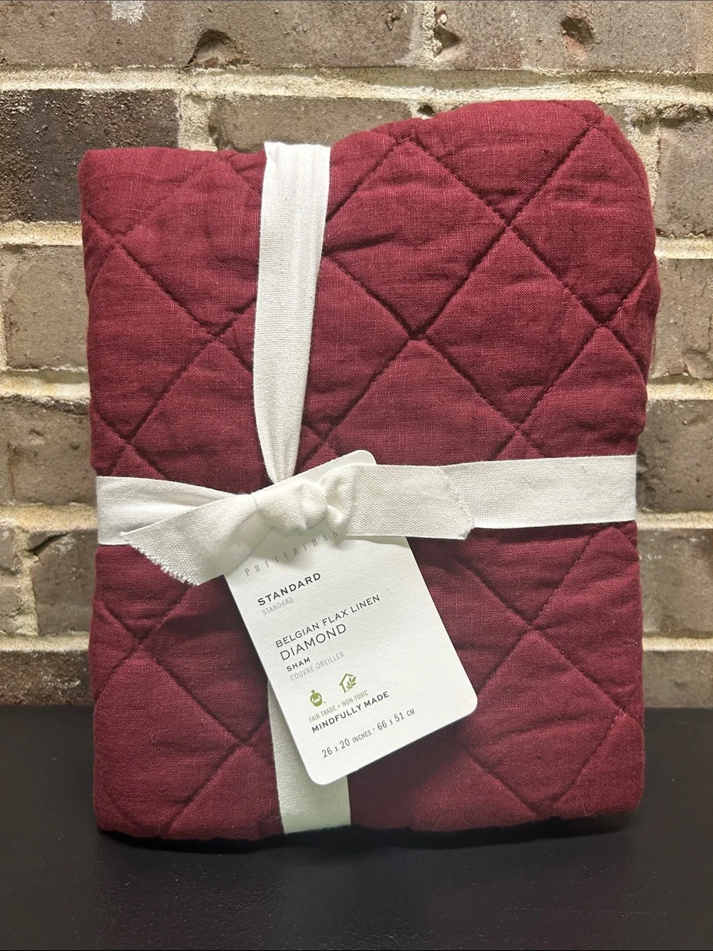 Pottery Barn Belgian Flax Linen Diamond STANDARD Pillow Sham Auburn Quilted NWT